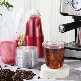 Ziliny 50 Sets Clear Plastic Cups with Lids and Straws, Disposable Iced Coffee Cups Drinking PET for Cold Drinks, Juice, Smoothie, Coffee Shops, Party, Christmas(Pink,12 oz)