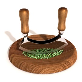 Pebblini Cutting Board & Mezzaluna Knife Herb Chooper–Wooden Chopping Board & 2-Bladed Curved Herb Cutter – Round Board & Double Blade Rocker Chopper