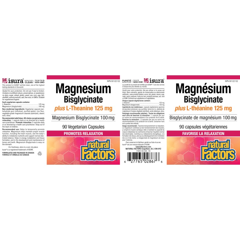 Natural Factors Magnesium Bisglycinate 100mg Plus L-Theanine 125mg, 90 vegetarian