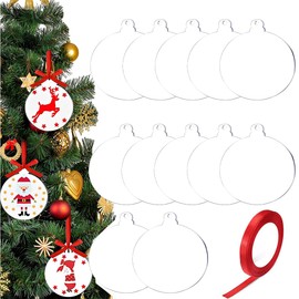 EIHI Pack of 12 Clear Acrylic Sheets Round and 1 Roll 22 m Red Decorative Ribbon - Acrylic Disc Transparent - Acrylic Plate Diameter 10 cm - For DIY Crafts, Christmas Tree Decoration, black