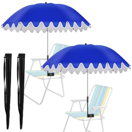 Abbylike 2 Pcs Scalloped Chair Umbrella with Universal Adjustable Clamp 38'' Portable Wheelchair Umbrella UPF 50+ Camping Chair Parasol with Bag for Outdoor Patio Lawn(Blue, White Scalloped)