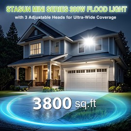 STASUN 300W LED Flood Light, Mini Series Outdoor Floodlight, 30000LM 6000K Daylight White, IP66 Waterproof, 3 Adjustable Heads, LED Exterior Flood Lights for Backyard, Driveway, Garage, Patio, Barn