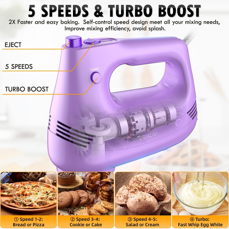 Electric Hand Mixer with Stainless Steel Whisk, Dough Hook Attachment