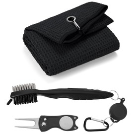 Yisica 3 in 1 Golf Cleaning Kit, Microfiber Golf Towel (60 X 40cm) with Carabiner, Club Club Brush, Golf Divot Repair Tool with Ball Marker - Golf Accessories, Ideal for Golfers