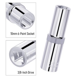 FOCMKEAS 2PCS 10mm Deep Socket, 3/8 Inch Drive, 6-Point, Metric, Heat Treated CR-V Steel Sockets, Full Polishing, 2.5 Inch Length