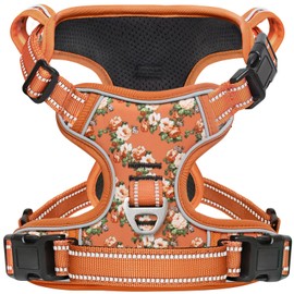 HEELE Dog Harness No Pull Release on Neck Reflective Adjustable Dog Harness with Front Back 2 Leash Attachments and Soft Padded Control Handle for Walking Training Floral-Orange M