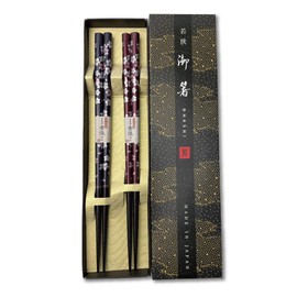 Premium Japanese Chopsticks Reusable 2pcs set [ Made in Japan ] Traditional Lacquer Art Wooden Chopsticks (Flower Navy/Purple(YM204))