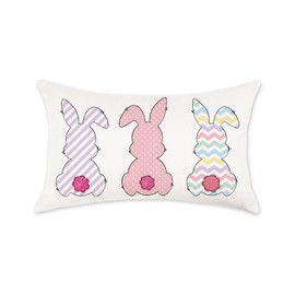 ONWAY Easter Bunny Throw Pillow Cover 12x20 Inch Stripes Pink Rabbits Decorations Pillows Farmhouse Patio Outdoor Cushion Cases for Sofa Couch Home Decor