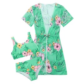 AIDEAONE Girls 3 Piece Bikini Set Floral Print Bathing Suit Quick Dry Swimwear Green Beachwear with Sun Protection Coverup for 9-10 Years
