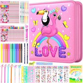 LEONAL Kids Coloring Pens Markers Set 65 PCS,Art Craft Drawing Kits for Girls with Unicorn Pencil Case,Crayon&Markers Stuff, Birthday Gifts Toys for Age 4-12 Year Old Flamingo