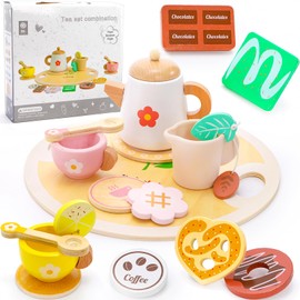 WUWEOT Wooden Tea Set for Little Girls, Toddler Tea Set Toy, Play Kitchen Accessories with Teapot, Cups, Cookies, Saucer, Spoons, Lemon Slices & Trays, Time Playset Pretend Play Kitchen Toys Gift