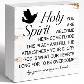 WUZYOU Inspirational Plaque, Holy Spirit Decor Wooden Block Sign 5x5x1 INCH, Welcome Sign Wall Art, Bible Study Table Display, Chapel Office Shelf Decor