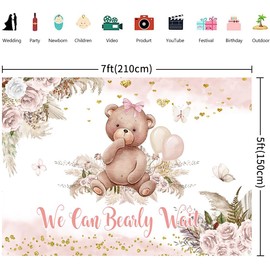 2.1 x 1.5 m Photo Background Baby Shower We Can Bearly Wait Lovely Bear Pink Flowers Pampas Grass Girls Photography Background Baby Shower Birthday Party Decorations Banner Photo Studio Props