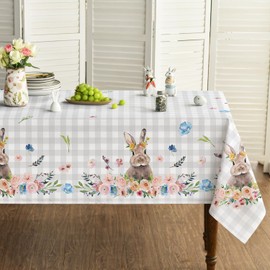 Horaldaily Easter Tablecloth 60x120 Inch, Spring Flower Buffalo Plaid Bunny Table Cover for Party Picnic Dinner Decor