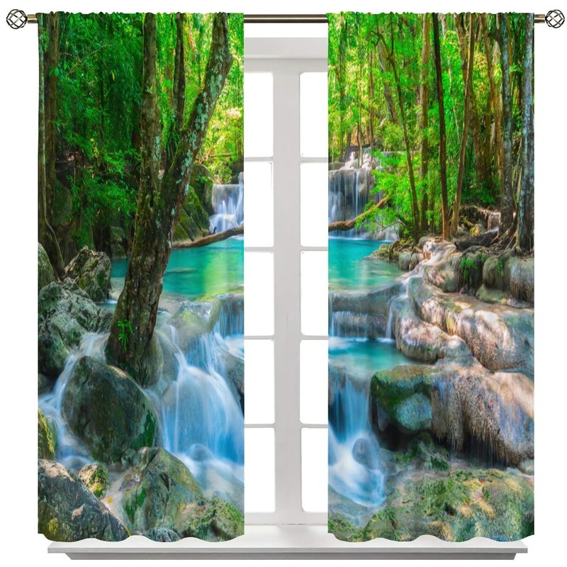 Waterfall Curtains, Spring Forest Nature Landscape Theme Pattern Print, Bedroom