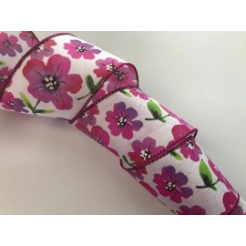 Decorative Ribbon White with Fuchsia Pink Flowers Ribbon, 2.5 Inches Wide, Wired Edge, 5 YARDS