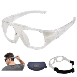 SooGree - anteojos deportivas de squash y racquetball, anteojos de baloncesto, correa ajustable, resistentes a los impactos (8043 marco transparente almohadilla blanca)