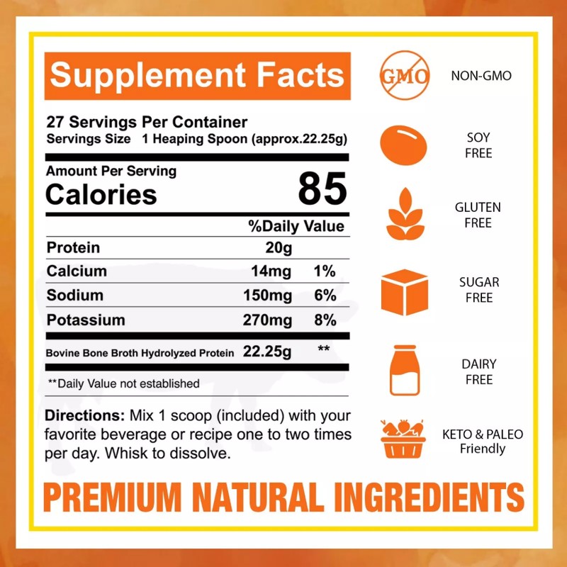 Zammex Grass Fed Bone Broth Powder - 1.32lb,20g Protein Hydrolyzed