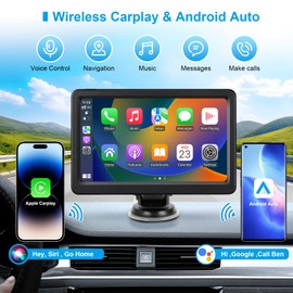 Wireless Carplay Screen for Car, 7" HD Portable Car Stereo Touch Screen, Compatible with Apple Carplay and Android Auto, with GPS Navigation, Bluetooth, Mirror Link, Voice Control, AUX Input, FM Radio