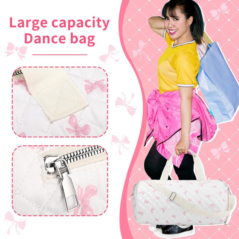 Dansydaisy Quilted Duffle Bag for Women Cotton Pink Bow Dance