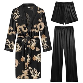 SWOMOG Men's 3 Pcs Robe Silk Satin Kimono Bathrobe with Shorts&Pants Set Lightweight Soft Sleepwear