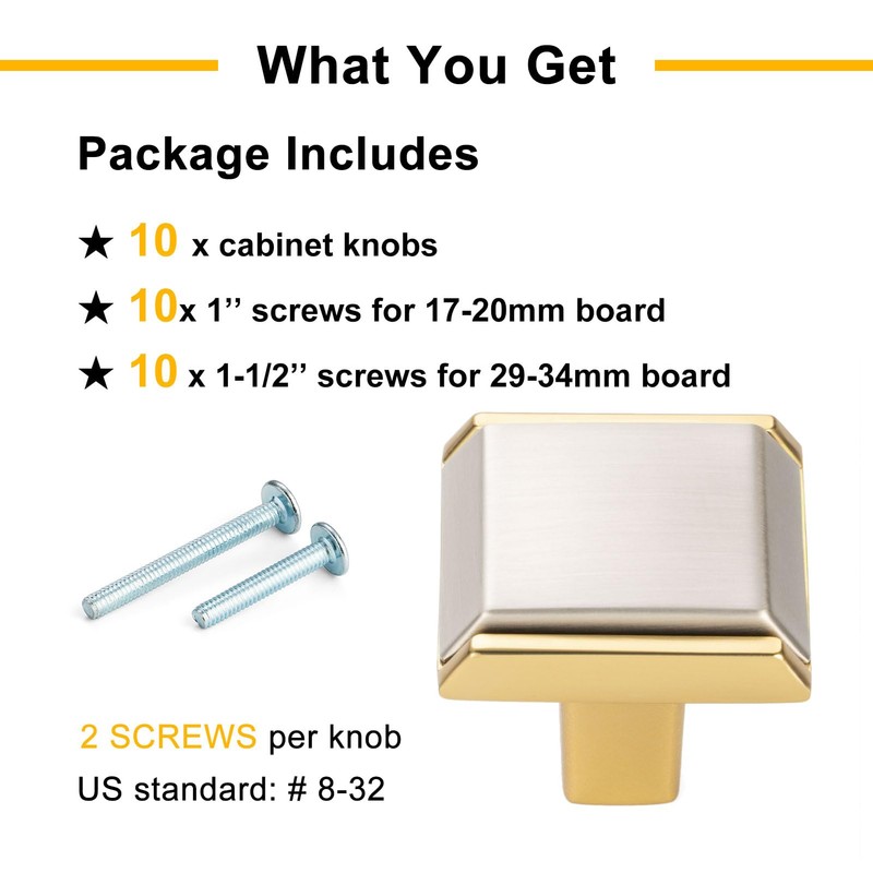 BEROSSA Nickel and Gold Cabinet Knobs Square Cabinet Pulls 10