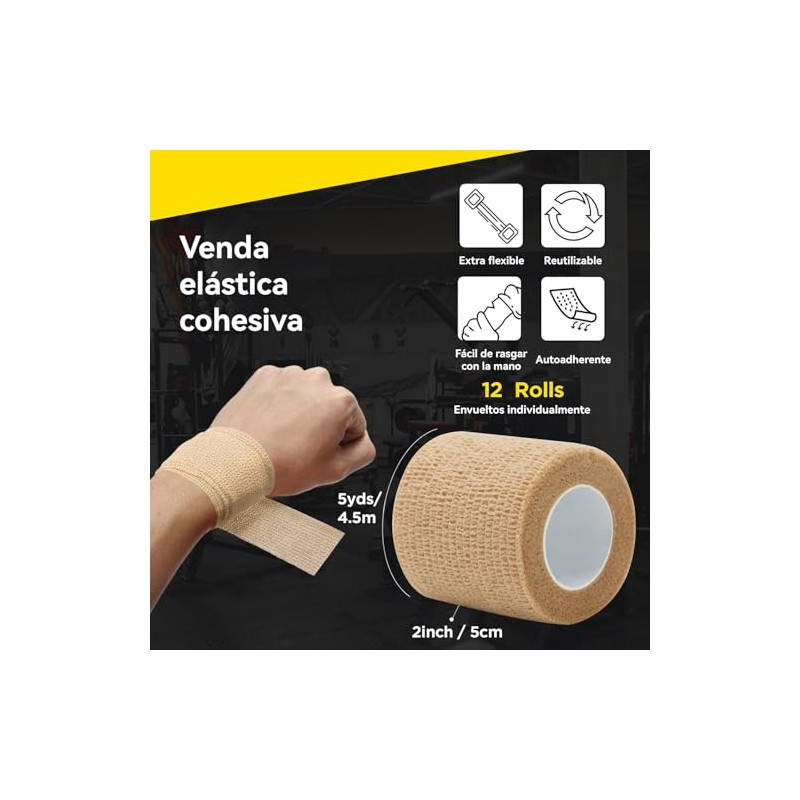 12 Rollos De Vendaje Autoadhesivo, Cinta Deportiva Elástica, 5cm X