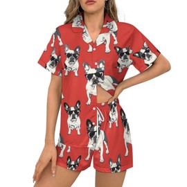 Delerain French Bulldogs Womens Pajama Sets 2-Piece Short Sleeve Sleepwear Soft Satin Button Down Loungewear Pjs Shorts Set, L