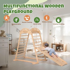 COSYLAND Indoor Playground, Wooden Jungle Gym Climber Playset with Slide, Quick Installation Toddler Climbing Toys for Small Spaces (Natural)