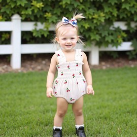 KMBANGI Newborn Baby Girl Summer Outfit Sleeveless Halter Frill Cherry Romper with Headband Baby Fruit Smocked Clothes 0-18M (White, 12-18 Months)