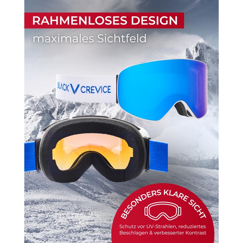 Black Crevice Ski Goggles with Cylindrical Lenses White/Blue Revo