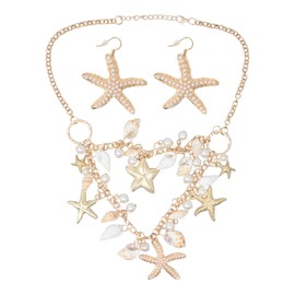 Honbay 1PCS Fashion Starfish Shell Conch Faux Pearl Choker Necklace Statement Chunky Necklace and 1 Pair of Starfish Dangle Drop Earrings with Pearl Mermaid Costume Jewelry Beach Jewelry for Women
