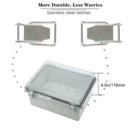 Zulkit Junction Box ABS Plastic Dustproof Waterproof IP67 Electrical Boxes Hinged Shell Outdoor Universal Project Enclosure Grey Clear Cover, Stainless Steel Buckles 8.7 x 6.7 x 4.3 Inch