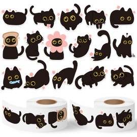 BkeeCten 1000pcs Cute Black Cat Sticker Roll (2 Rolls), Black Cat with Bread Flower Decorative Decals for Kids, Cartoon Meow Memes Theme Self-Adhesive Stickers for Water Bottle Laptop Scrapbook Decor