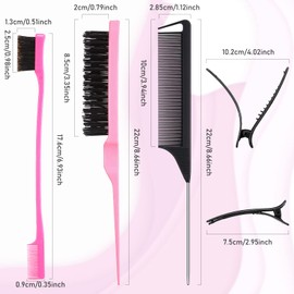 12 Piece Hair Brush Set, Nylon Teasing Hair Brushes, 3 Row Salon Teasing Brush, Double Sided Hair Edge Brush, Smooth Comb Grooming, Rat Tail Combs with Duckbill Clips for Women Girls (Black, Pink)