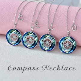 AOBOCO Compass Necklace 925 Sterling Silver L Initial Letter Pendant with Blue Circle Crystal, Graduation Jewelry Gifts for Her Women College Student Graduate