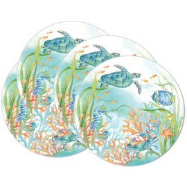 CounterArt Sea Life Serenade 4 Pack Round Reversible Easy Care Flexible Plastic Placemats Made in The USA Reversible Flexible Easily Wipes Clean