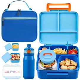 JXXM Bento Lunch Box for Kids with Thermos, Leakproof Bento Box with 8oz Insulated Food Jar, Insulated Bottle, Lunch Bag, BPA Free Dishwasher Safe 4 Compartment Container for School Girls Boys (Blue)
