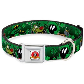 Dog Collar Seatbelt Buckle Marvin The Martian K 9 Poses Clovers Greens 15 to 26 Inches 1.0 Inch Wide