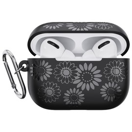 Compatible with Airpods Pro 2nd/1st Generation Case Cover Women Girls, Sunflower Engraved Silicone Case for Airpod Pro Case Cover, Cute Flower Case for Airpods Pro 2 1 Case with Keychain (Black)