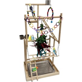 Niwaes 4-Tier Large Wooden Bird Playground with Trays Cups Ladder - Parrot Playstand, Birds Play Stand, Wood Perch Gym for Parrots Cockatiels - Durable Multi-Level Bird Activity Center