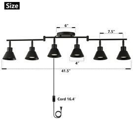 vivihobb Black 6 Light Plug in Track Lighting Kit,Modern Plug in Ceiling Light Fixture,16.4ft Cord,On/Off Switch,6 Way Ceiling Spot Lighting,Flexibly Rotatable Light Head (Bulbs Not Included)
