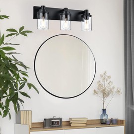 MELUCEE Black Bathroom Vanity Light Fixtures 24 Inches Length, 3-Light Metal Vanity Lighting Fixtures with Clear Glass Shade Indoor Wall Mount Light for Mirror Cabinet Kitchen Hallway