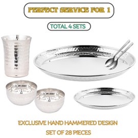 Vanacara 28 Piece Stainless Steel Dinnerware set for 4, Stylish Hammered Indian Dinner set includes Plates, Bowl, Cups, Spoons (Heavy, 9 Lbs)