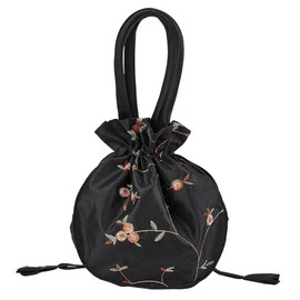 DELORIGIN Ethnic Style Flower Handbag Black Embroidered Drawstring Bags Jewellery Gift Bags for Women Makeup Bags Organiser for Cosmetic Utensils Storage Bag Travel Party Cosmetic Bag Purse