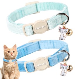 ARING PET 2 Pack Cat Collar-Cute Cotton Cat Collar with Bell & Pendant, Adjustable Blue Green Kitten Collars with Safety Buckle for Girl and Boy Pets
