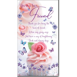 True Friend Thank You Greeting Card with Colour Insert & Lovely Verse - Cupcake Flowers and Butterflies - Loving Words by Cadigan Cards (ED7057)