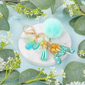MWOOT Initial keychain, Resin Letter A keychain, Cute Car Keyring, Alphabet Key Chain with Butterfly Tassel, Green Keychains Plush Ball Keychains for Women Purse Bag Handbag Decor (A)