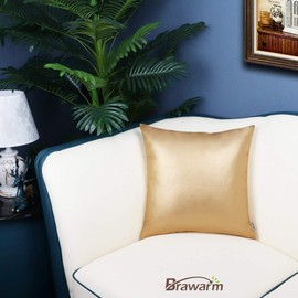 BRAWARM Pack of 2 Cozy Throw Pillow Covers Cases for Couch Sofa Home Decoration Solid Dyed Soft Faux Leather Both Sides 20 X 20 Inches Gold