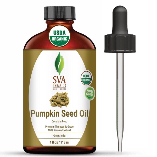 SVA ORGANICS Pumpkin Seed Carrier Oil 4 Oz Organic USDA 100% Pure Natural Cold Pressed Unrefined Therapeutic Grade Oil for Skin, Hair, Body
